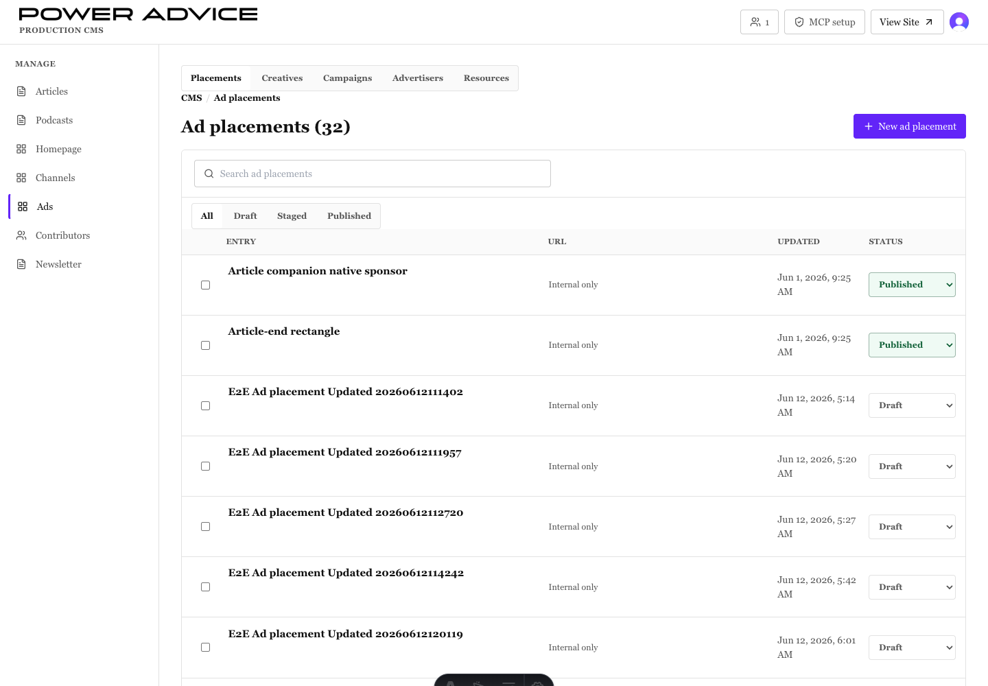 Signed-in PowerAdvice CMS ads manager