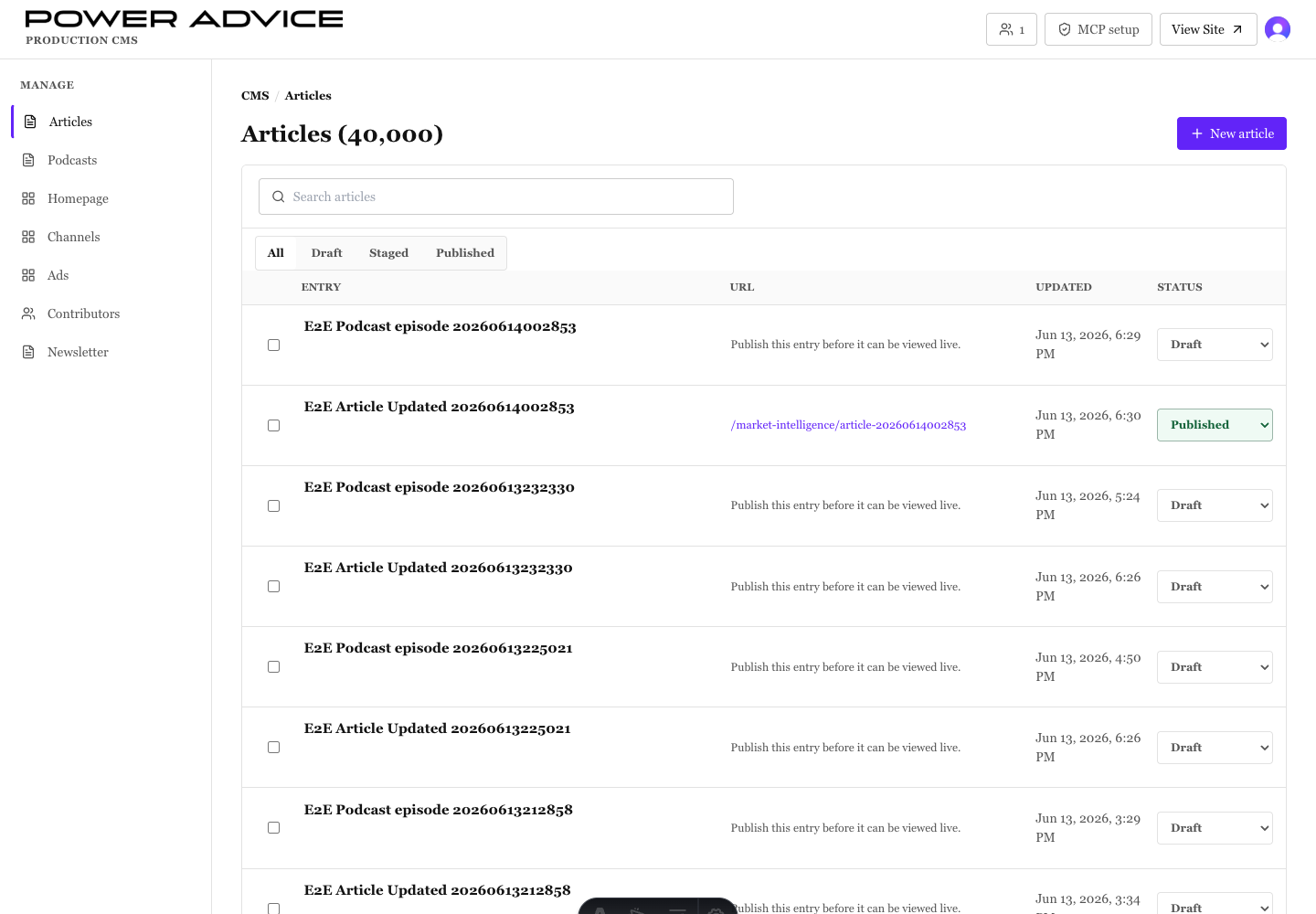 Signed-in PowerAdvice CMS articles screen