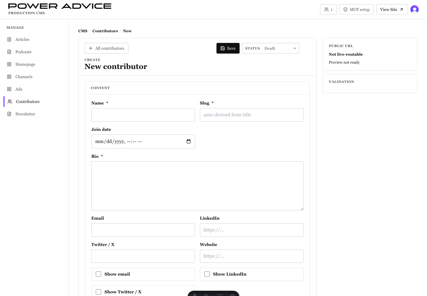 Signed-in PowerAdvice CMS contributor editor