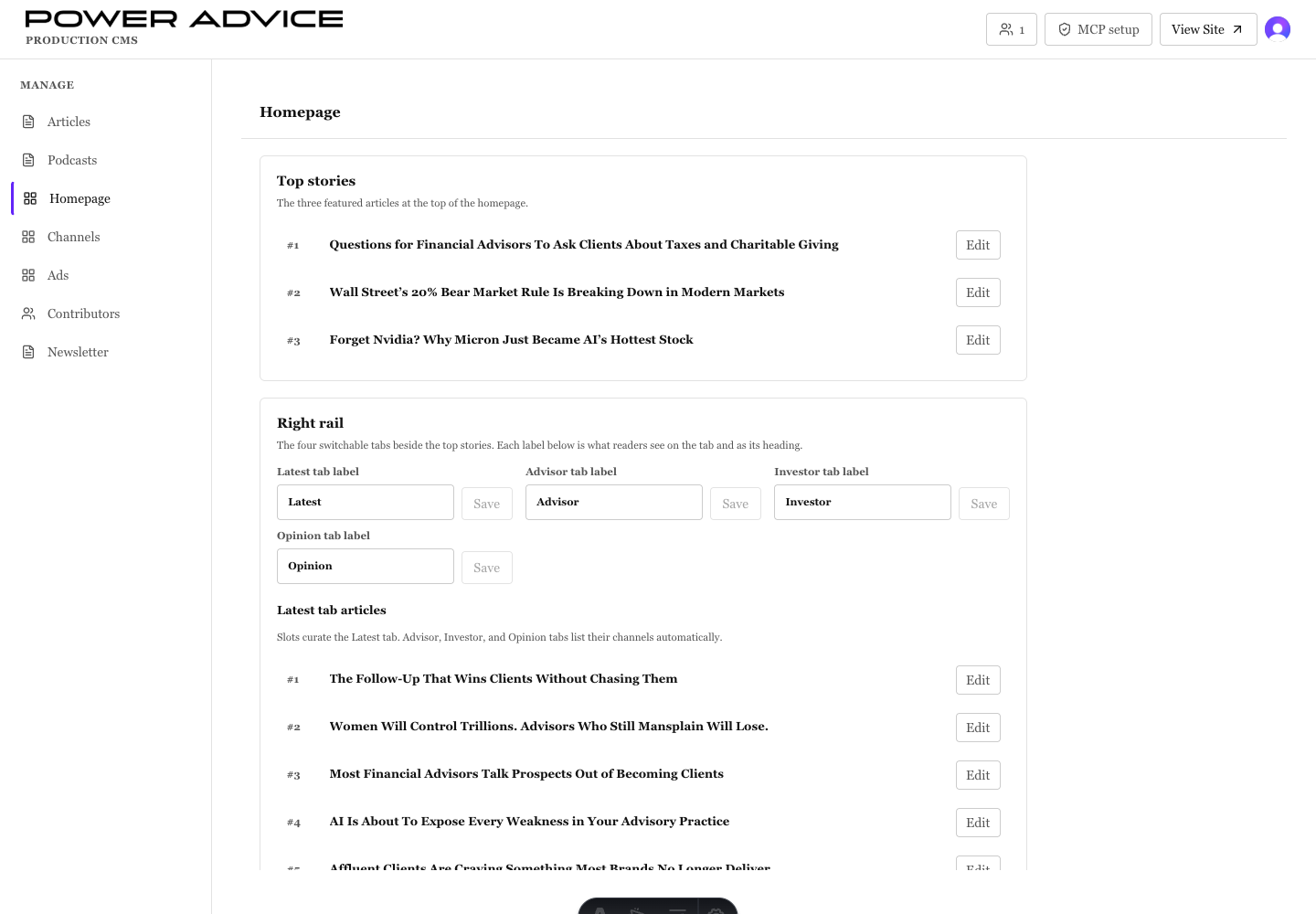 Signed-in PowerAdvice CMS homepage editor