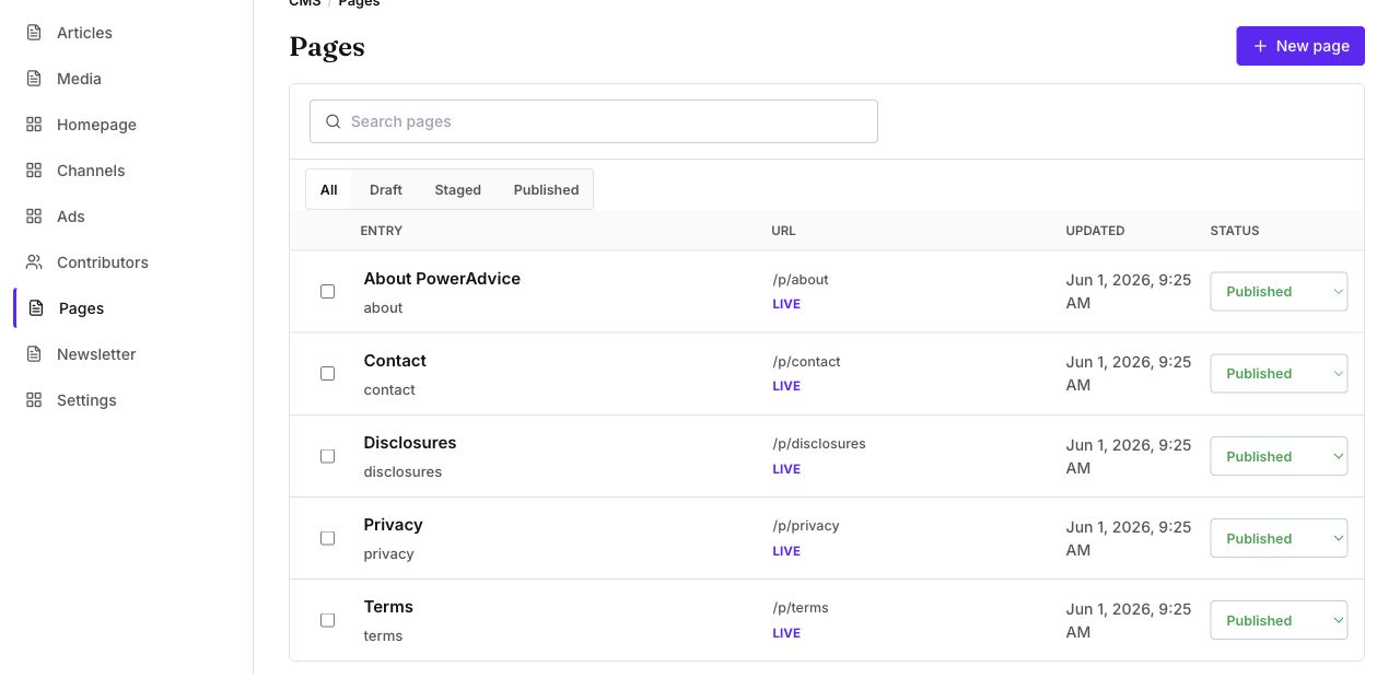 PowerAdvice CMS pages manager